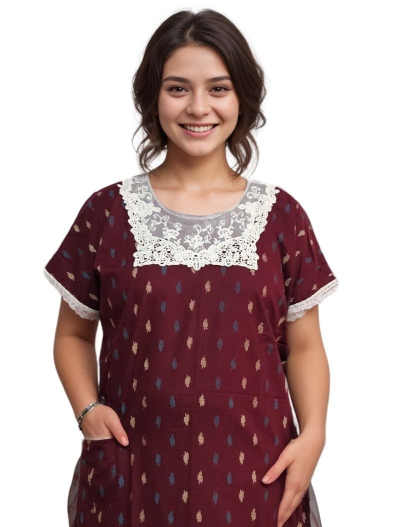 Pavih Maroon A-Line Pure Cotton Nighty with Neck Lace and Pocket