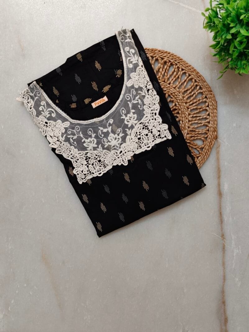 Pavih Black A-Line Pure Cotton Nighty with Neck Lace and Pocket