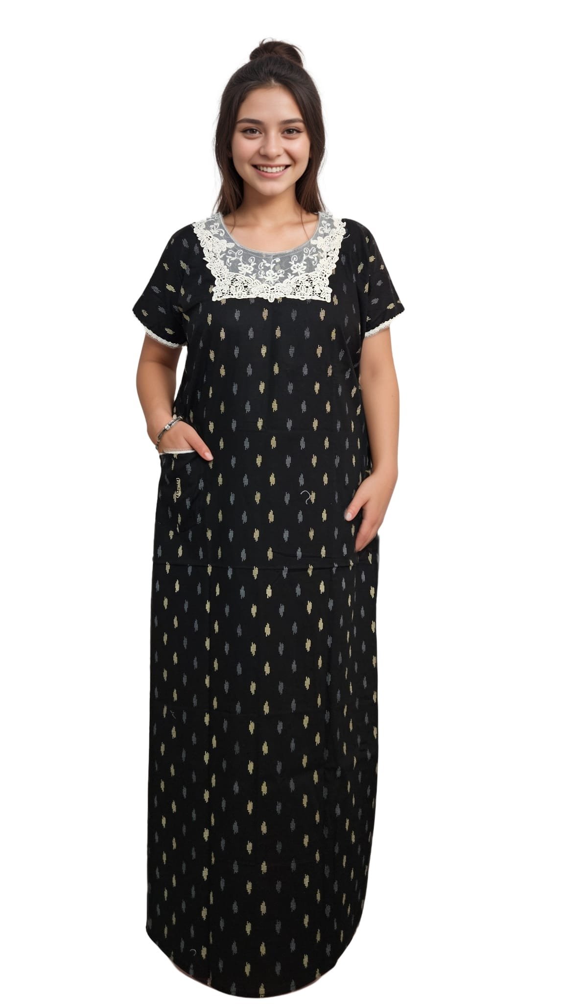 N163 2 Pavih Black A-Line Pure Cotton Nighty with Neck Lace and Pocket