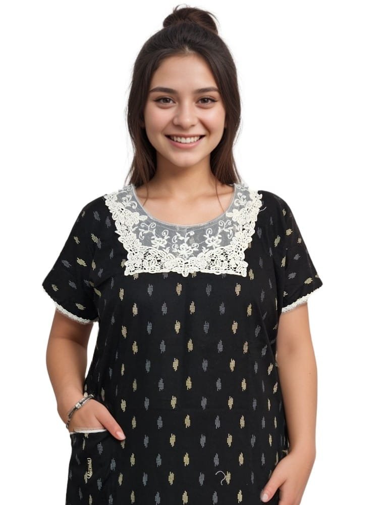 Pavih Black A-Line Pure Cotton Nighty with Neck Lace and Pocket