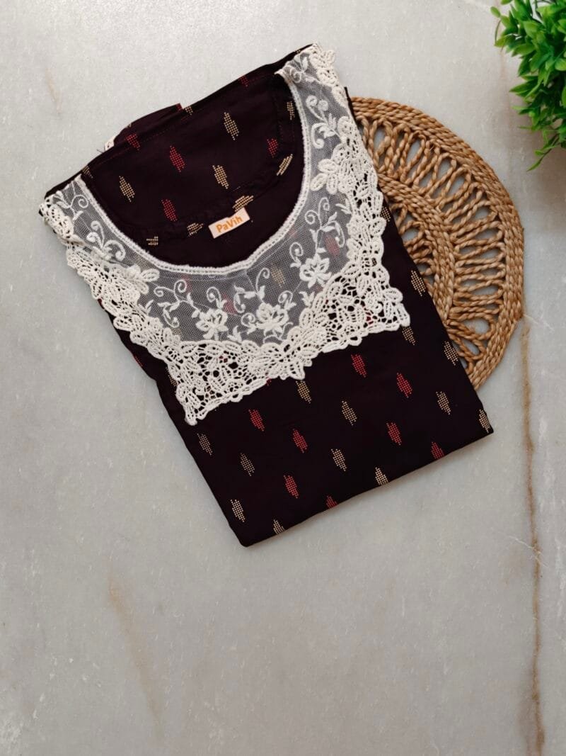 Pavih Deep Maroon A-Line Pure Cotton Nighty with Neck Lace and Pocket