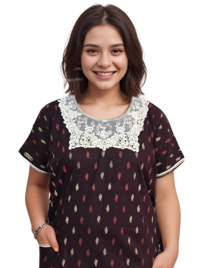 Deep Maroon A-Line Pure Cotton Nighty with Neck Lace and Pocket