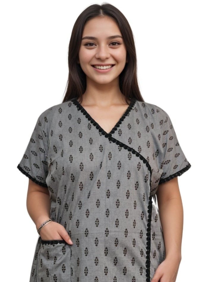 Grey Pure Cotton A-Line Designer Nighty