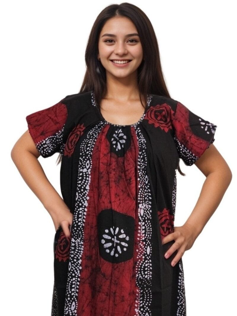 Red Black Real Batik Round Neck Straight Cut Pure Cotton Nighty golgola