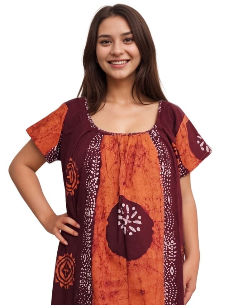 Orange Real Batik Round Neck Straight Cut Pure Cotton Nighty gol gola