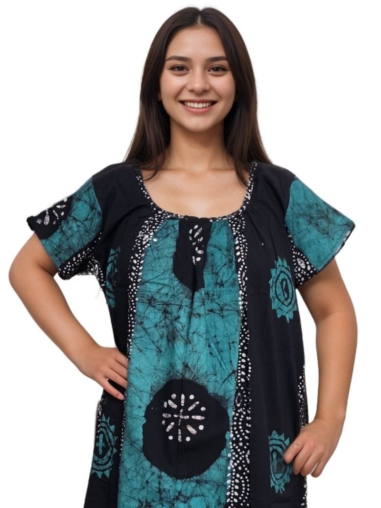 Green Black Real Batik Round Neck Straight Cut Pure Cotton Nighty golgola
