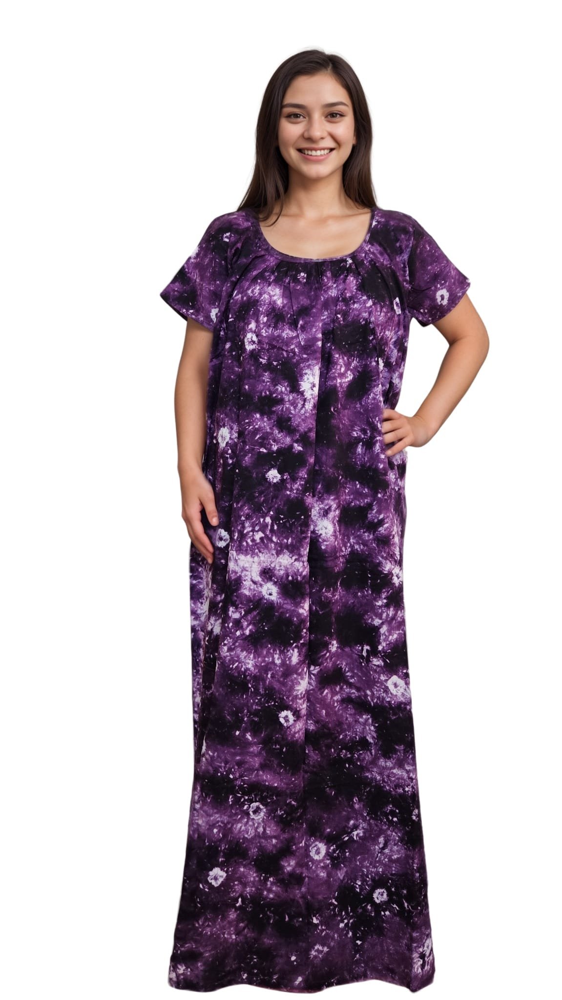 N170 2 Violet Bandhni Round Neck Pure Cotton Nighty