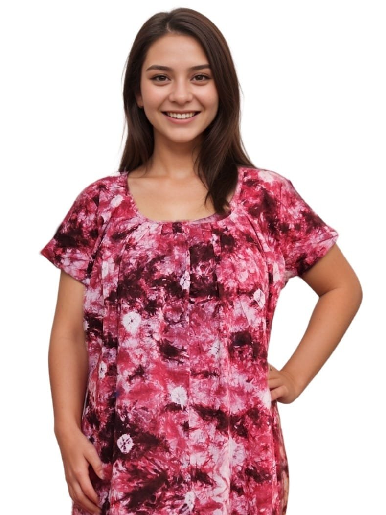 Red Bandhni Round Neck Pure Cotton Straight Cut Nighty