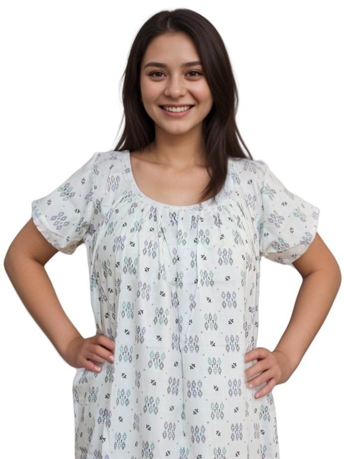 Pavih White Round Neck Printed Cotton Nighty