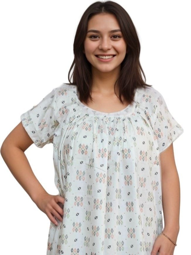 Pavih White Round Neck Printed Cotton Nighty