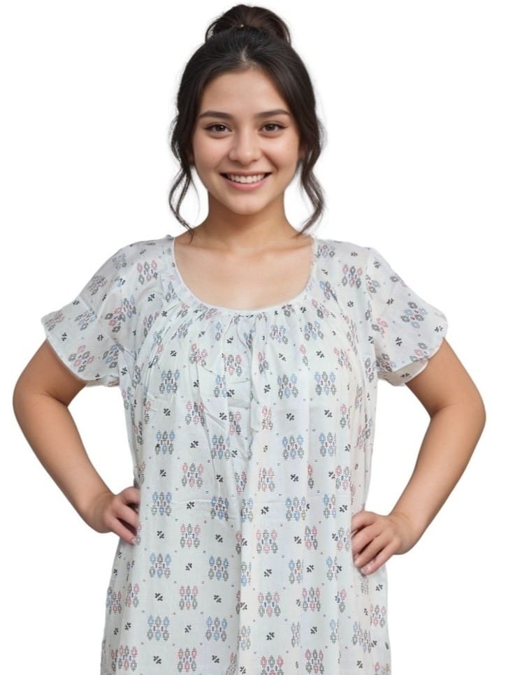 Pavih White Round Neck Printed Cotton Nighty