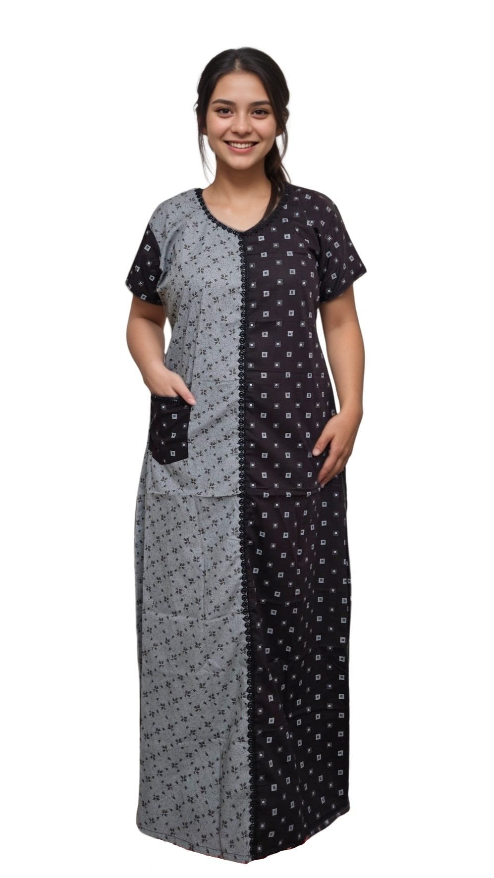 N175 2 Pavih Grey Black Pure Cotton A-Line Designer Nighty