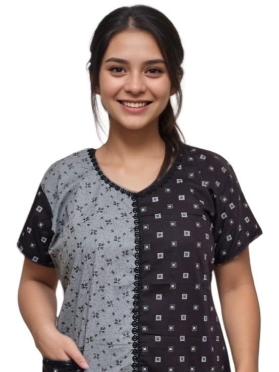 Pavih Grey Black Pure Cotton A-Line Designer Nighty