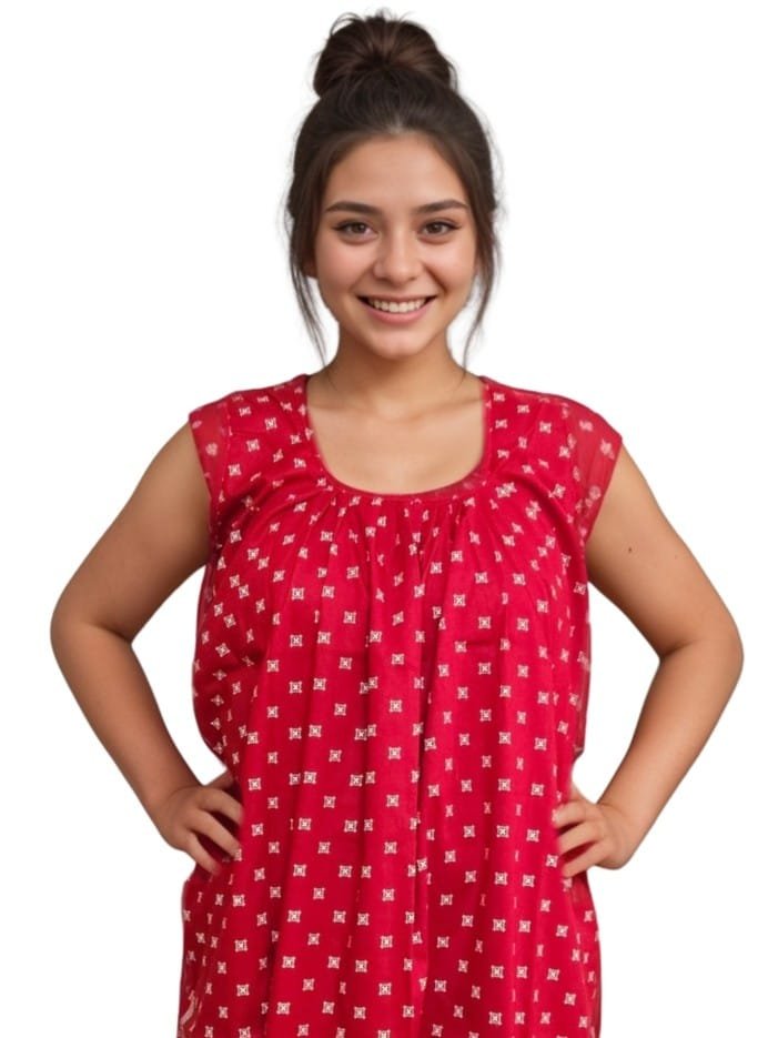 Pavih Red Round Neck Printed Straight Cut Nighty