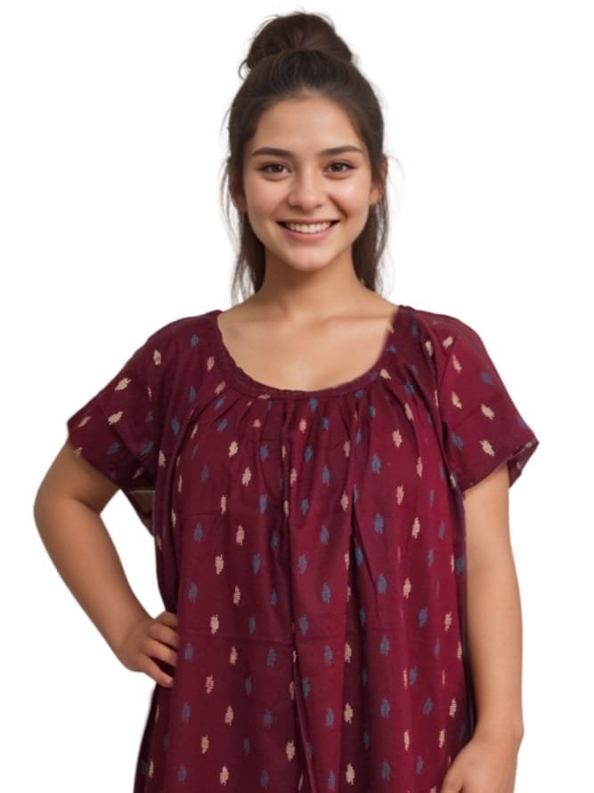 Pavih Maroon Round Neck Printed Straight Cut Nighty