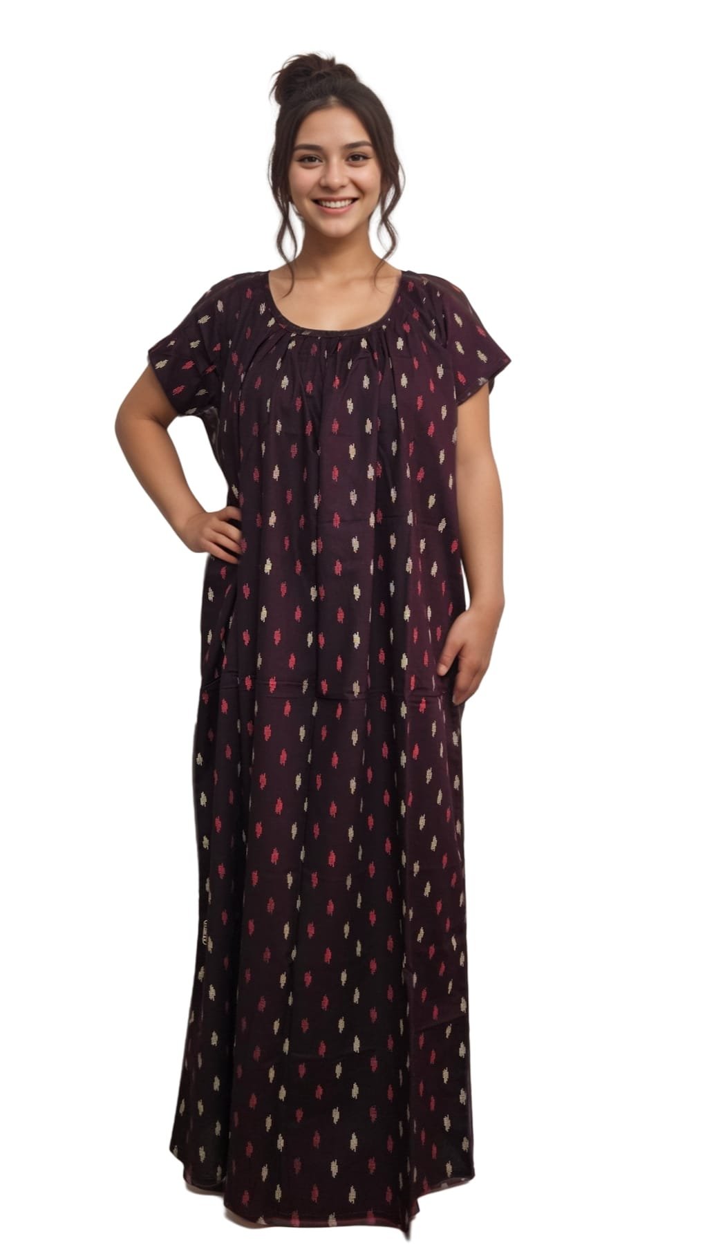 N181 2 Pavih Brown Round Neck Printed Straight Cut Nighty