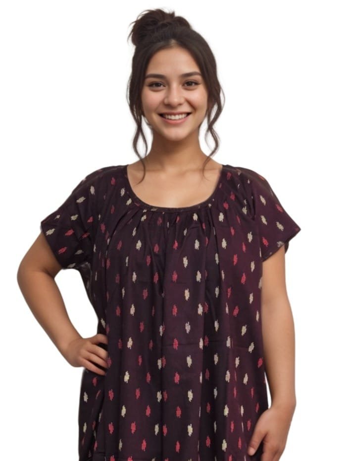 Pavih Brown Round Neck Printed Straight Cut Nighty