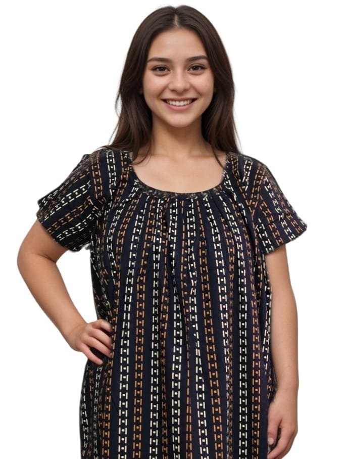 Pavih Black Stripe Round Neck Printed Straight Cut Nighty