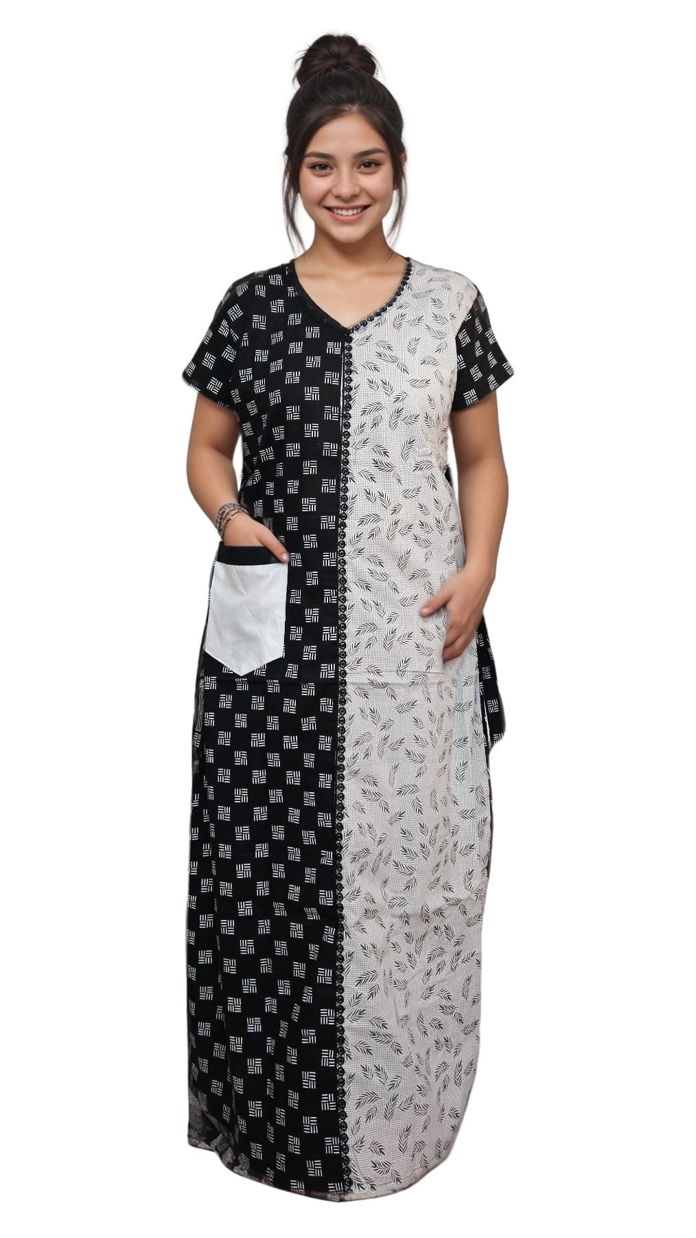 N183 2 Pavih Black White Pure Cotton A-Line Designer Nighty