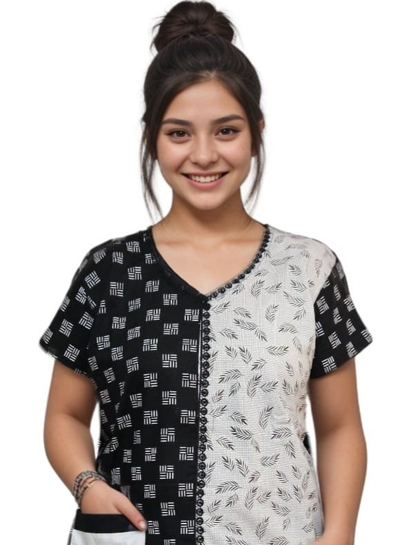 Pavih Black White Pure Cotton A-Line Designer Nighty