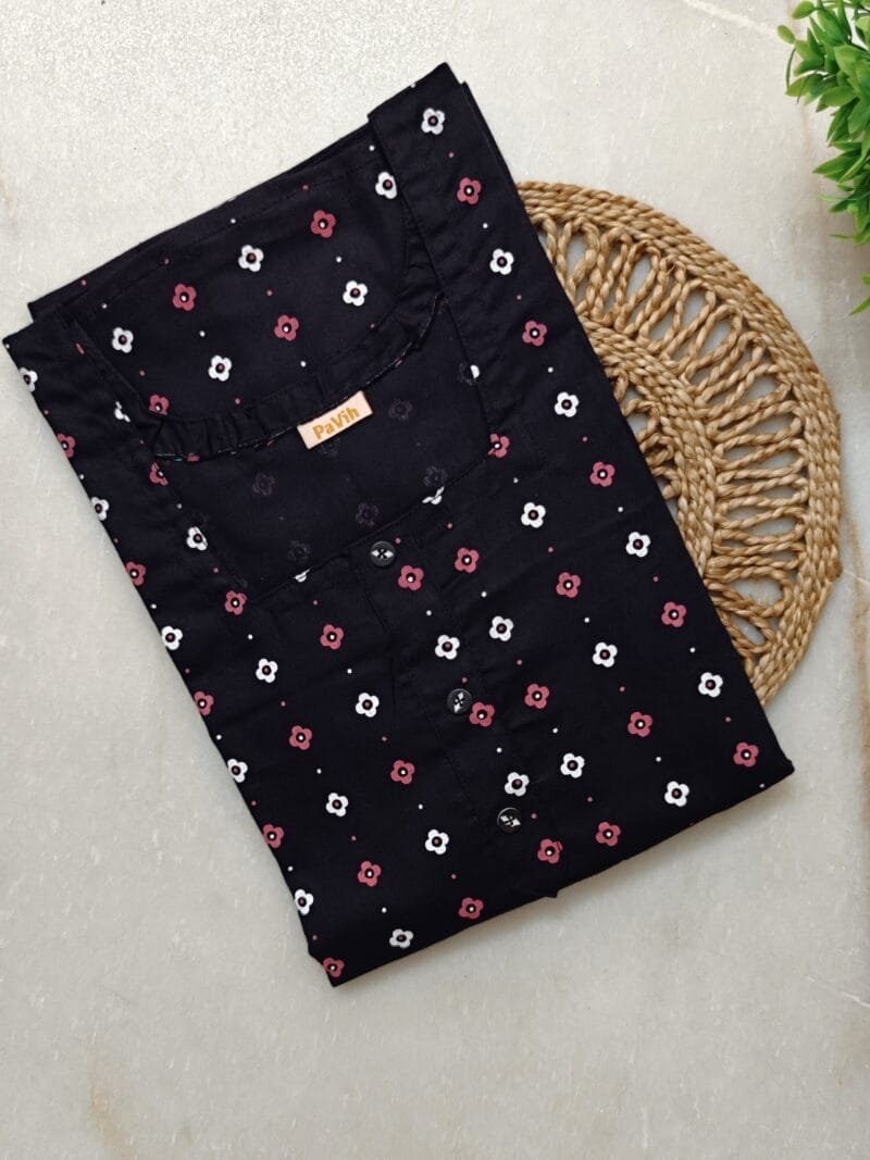 Pavih Navy Blue Floral Print Pure Cotton A-Line Nighty with Pocket