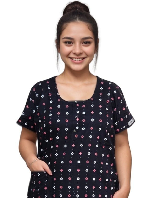 Pavih Navy Blue Floral Print Pure Cotton A-Line Nighty with Pocket