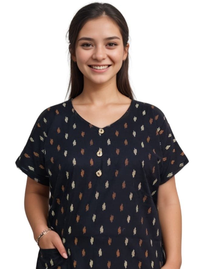 Black Printed Pure Cotton A-Line Nightie with Pocket