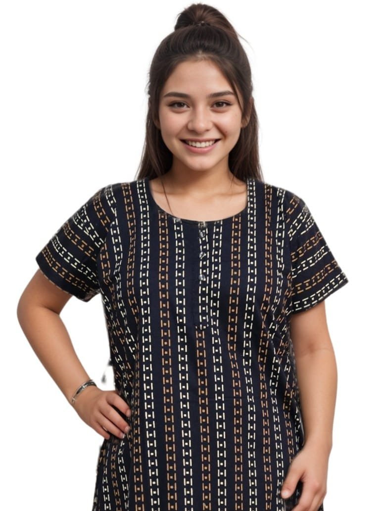Pavih Black Printed Pure Cotton A-Line Nighty with Pocket