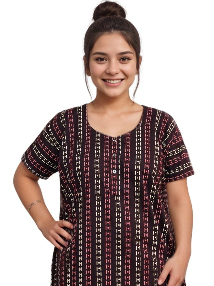 PaVih Maroon Printed Pure Cotton nighty ALine Pocket