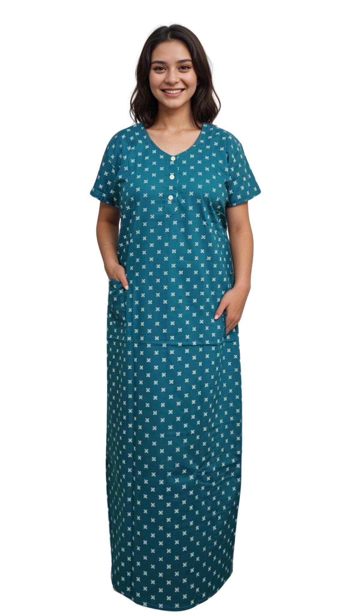 N188 2 Pavih Green Pure Cotton A-Line Nighty with Pocket