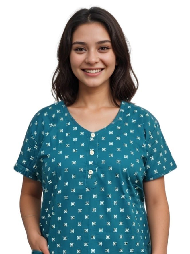 Pavih Green Pure Cotton A-Line Nighty with Pocket