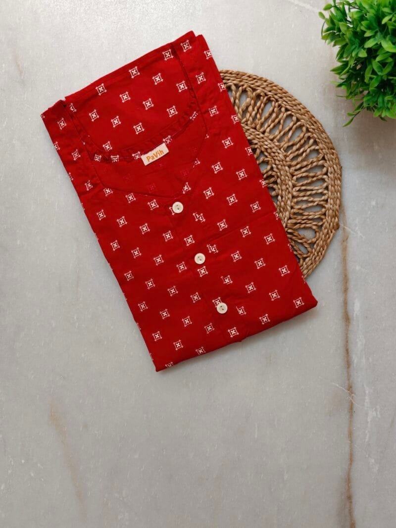Pavih Red Pure Cotton A-Line Nighty with Pocket