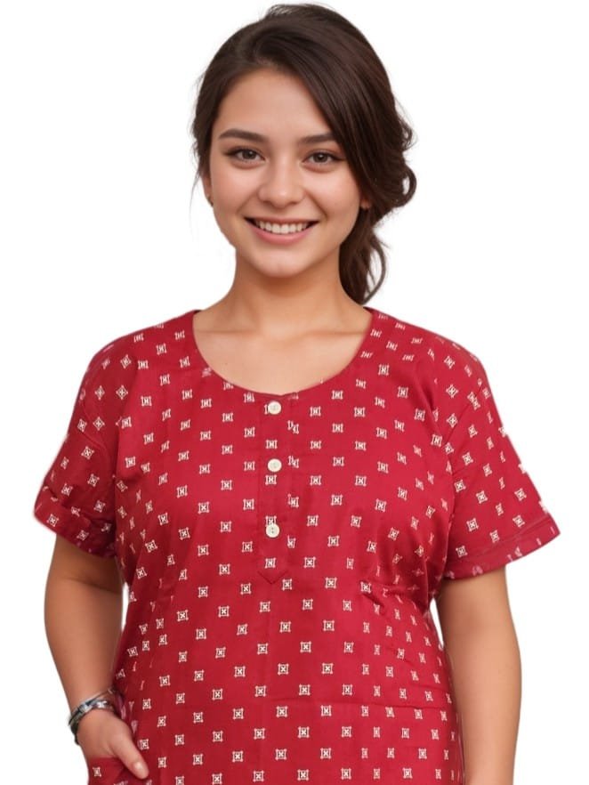 Pavih Red Pure Cotton A-Line Nighty with Pocket