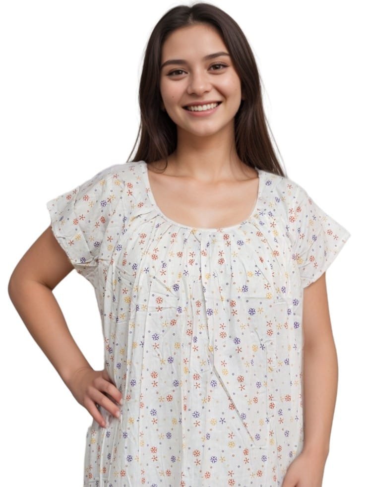 Pavih White Round Neck Printed Cotton Nighty