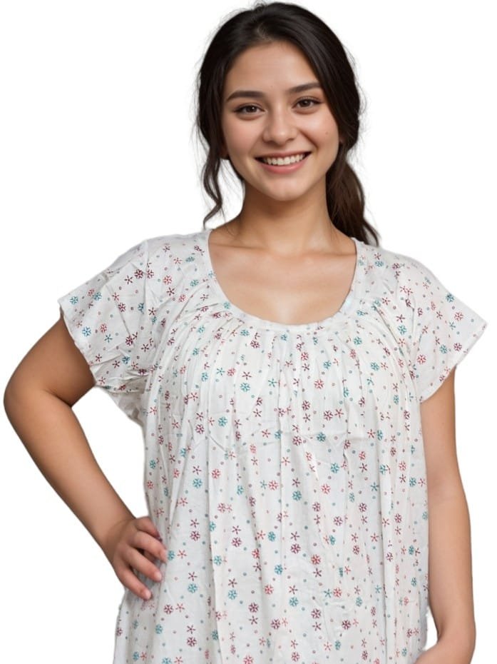 Pavih White Round Neck Printed Cotton Nighty