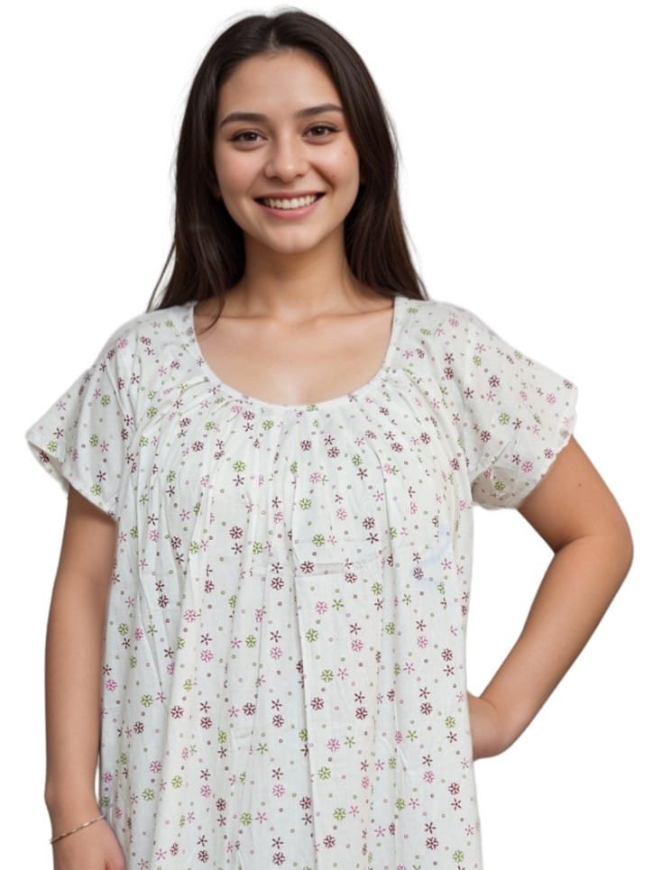 Pavih White Round Neck Printed Cotton Nighty