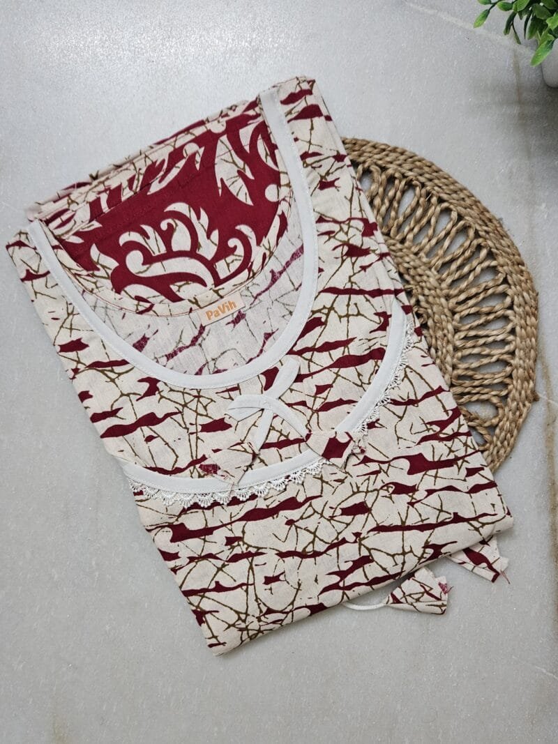 pavih Red Cream Pure Cotton Kaftan