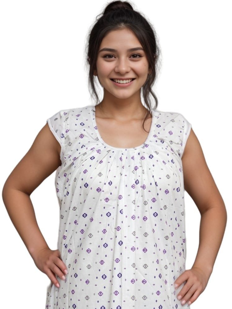 Pavih White Round Neck Printed Cotton Nighty