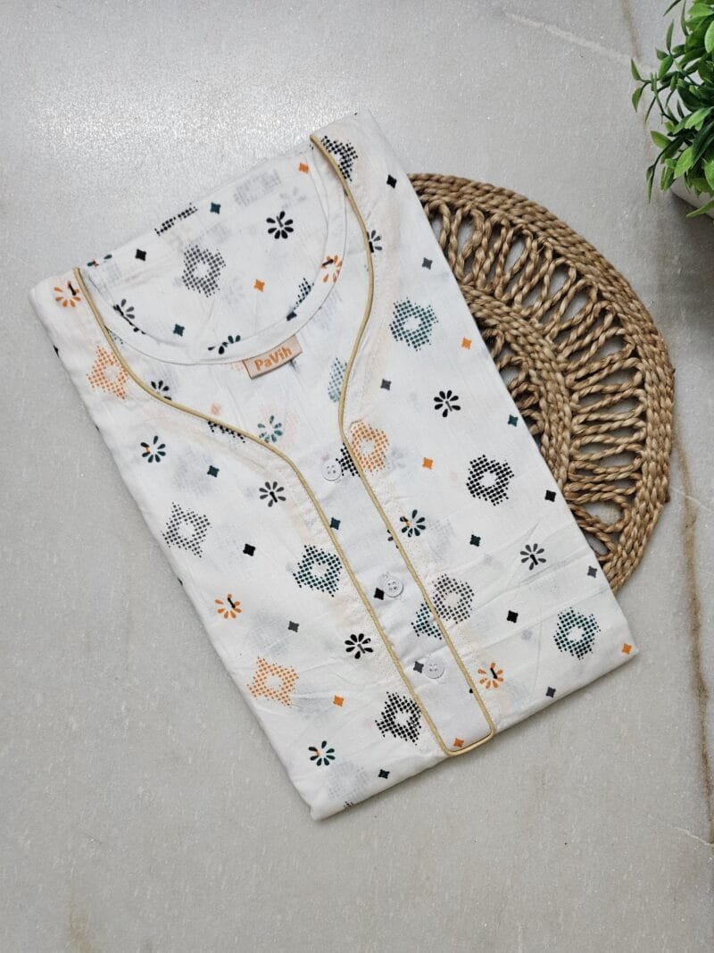 pavih White Printed Pure Cotton A-Line Nighty