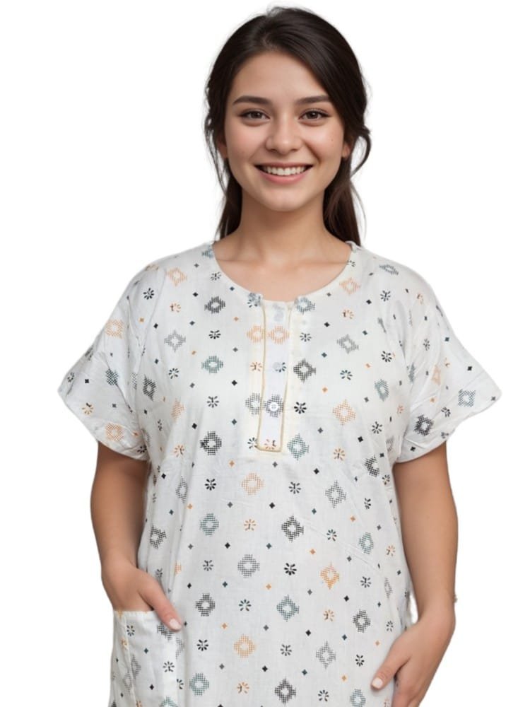 pavih White Printed Pure Cotton A-Line Nighty