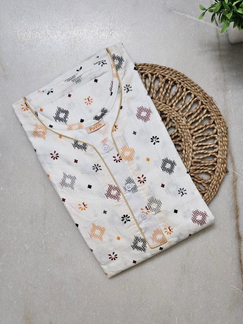 pavih White Printed Pure Cotton A-Line Nighty