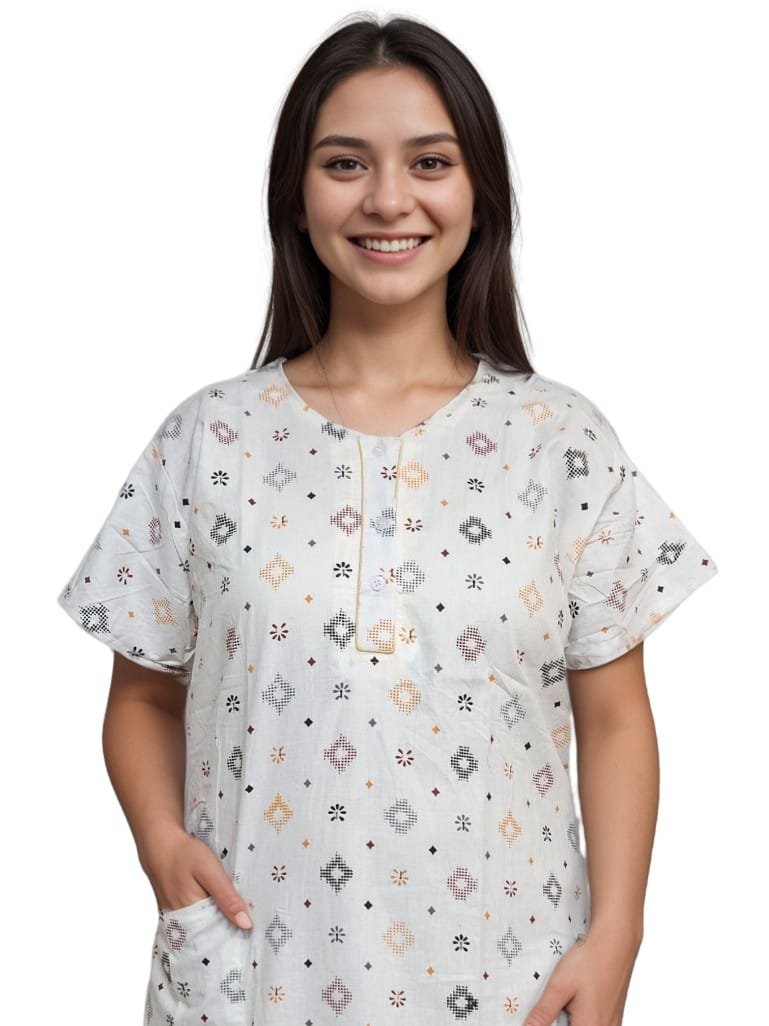 pavih White Printed Pure Cotton A-Line Nighty