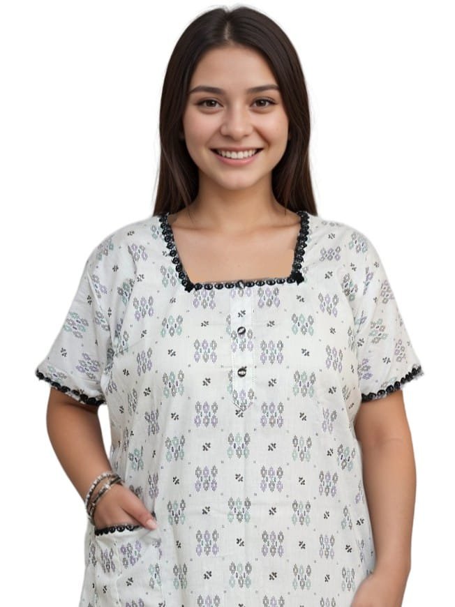 pavih White Printed Pure Cotton A-Line Night