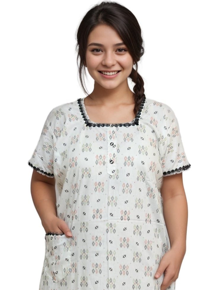 pavih White Printed Pure Cotton A-Line Nighty