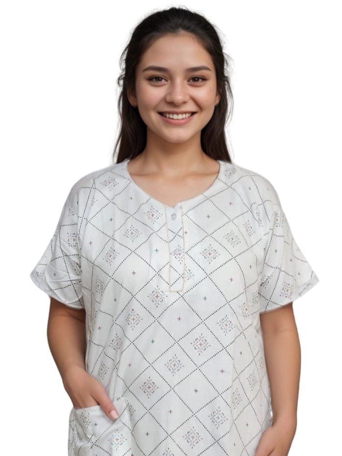 pavih White Printed Pure Cotton A-Line Nighty