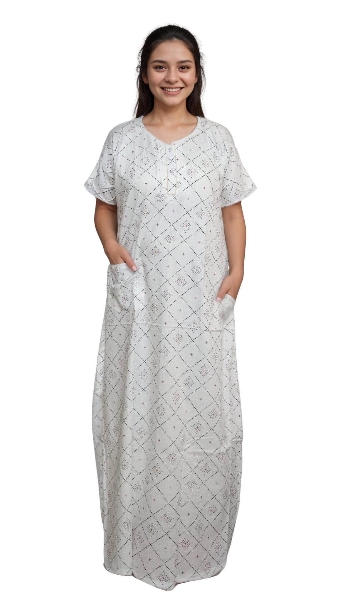 N208 2 pavih White Printed Pure Cotton A-Line Nighty