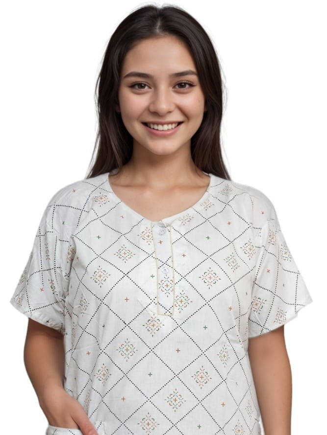 pavih White Printed Pure Cotton A-Line Nighty