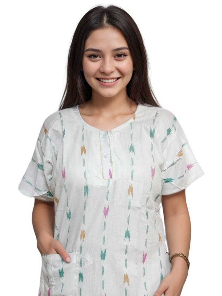 pavih White Printed Pure Cotton A-Line Nighty