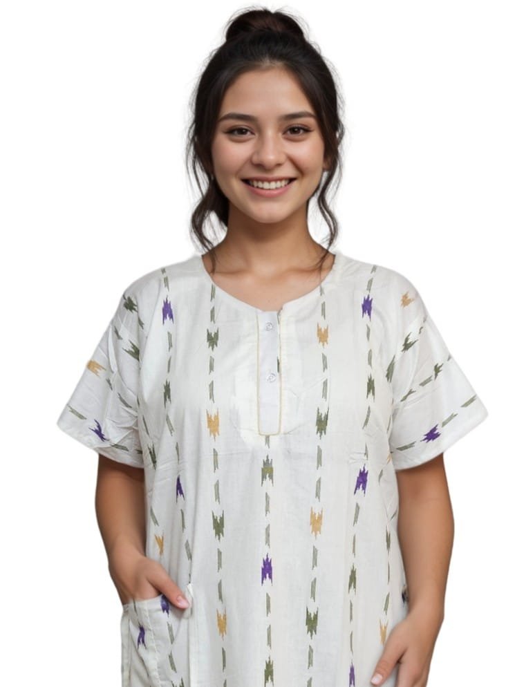 pavih White Printed Pure Cotton A-Line Nighty