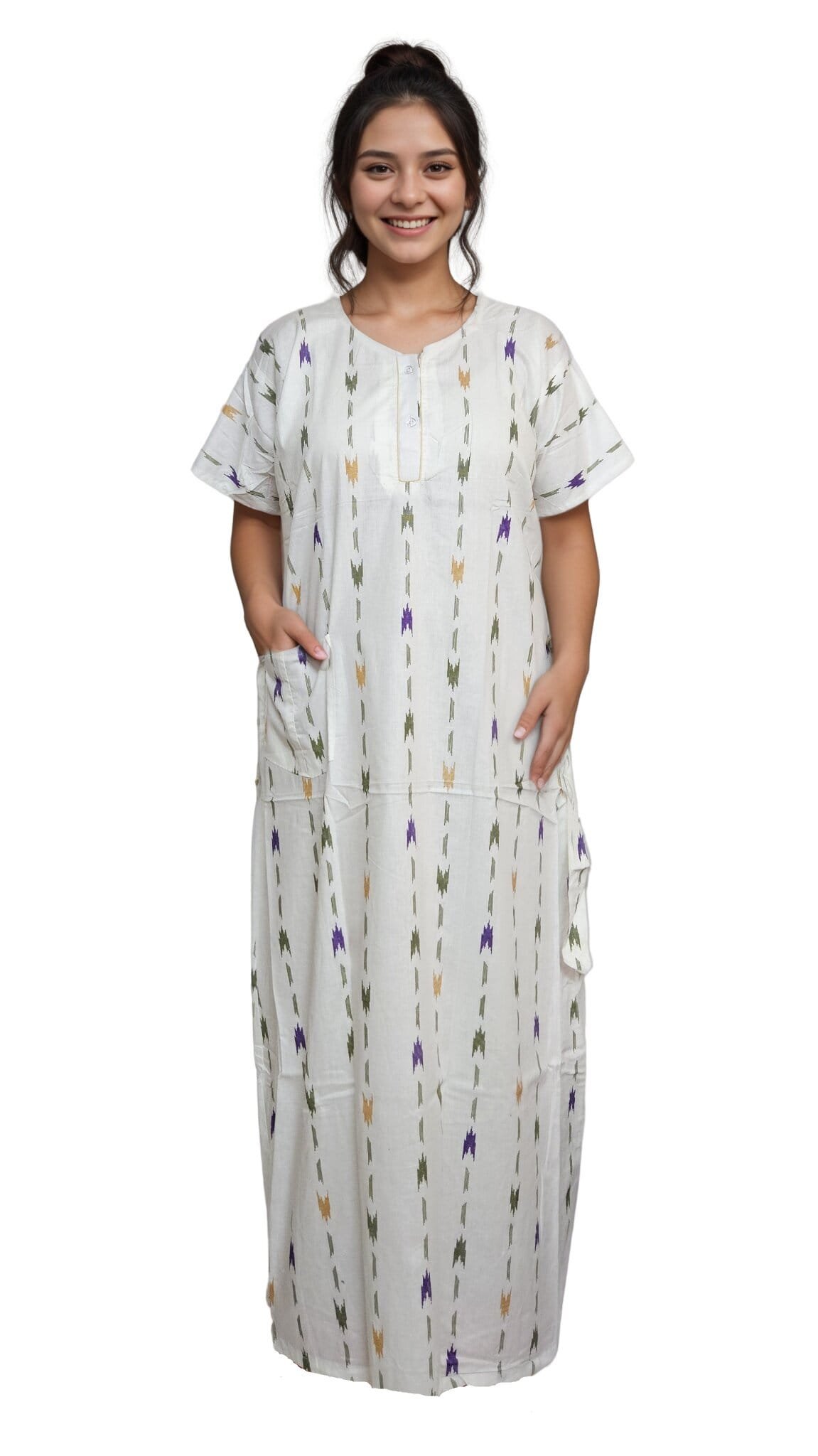 N212 2 pavih White Printed Pure Cotton A-Line Nighty